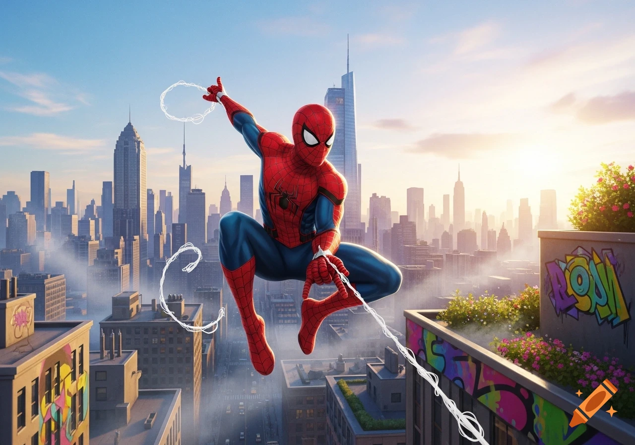 Spider-Man in a classic pose, casting a web over a detailed, sunny cityscape with graffiti-covered rooftops.