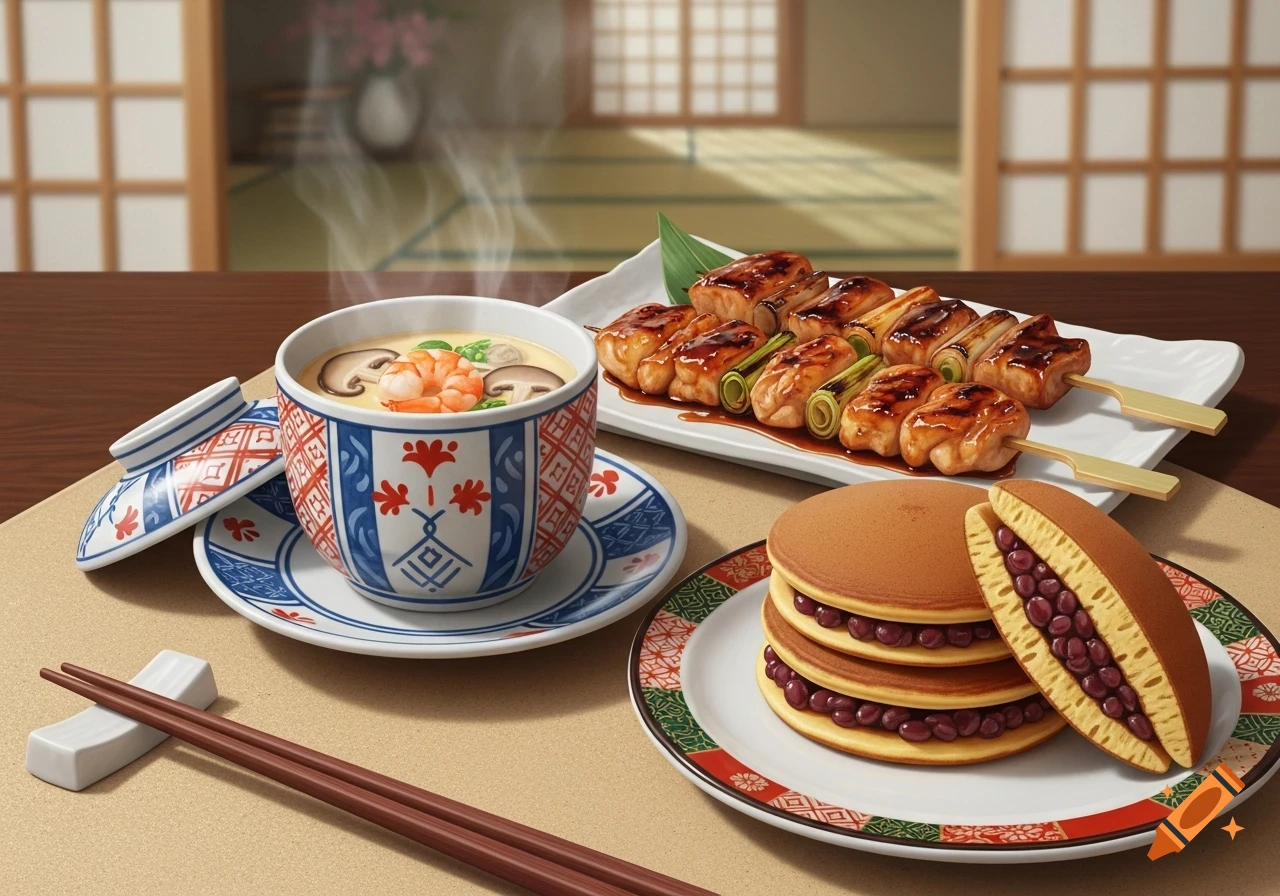 A table with a steaming cup of Chawanmushi, yakitori skewers, and dorayaki pancakes filled with red bean paste. Japanese cuisine.