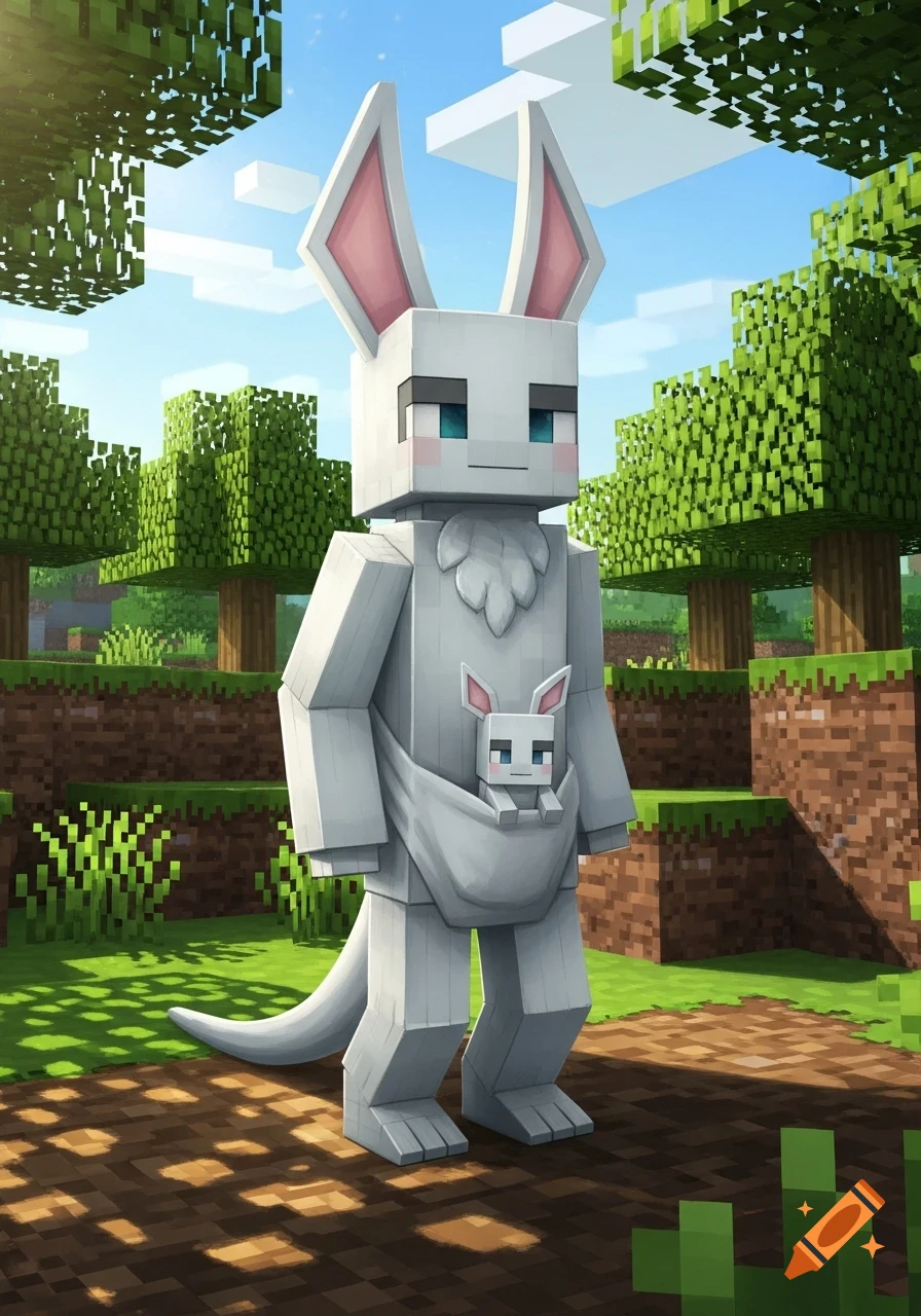 A blocky, white, Minecraft-style kangaroo creature with large ears stands in a forest, carrying a smaller white baby creature in its pouch.