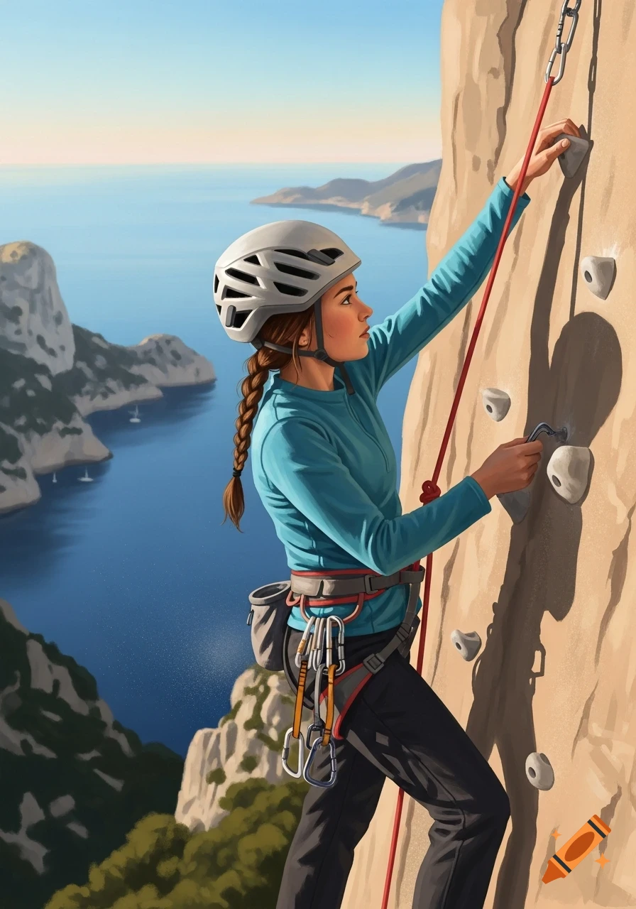 Illustrative painting of a woman in a helmet and blue top rock climbing a cliff face above a blue sea.