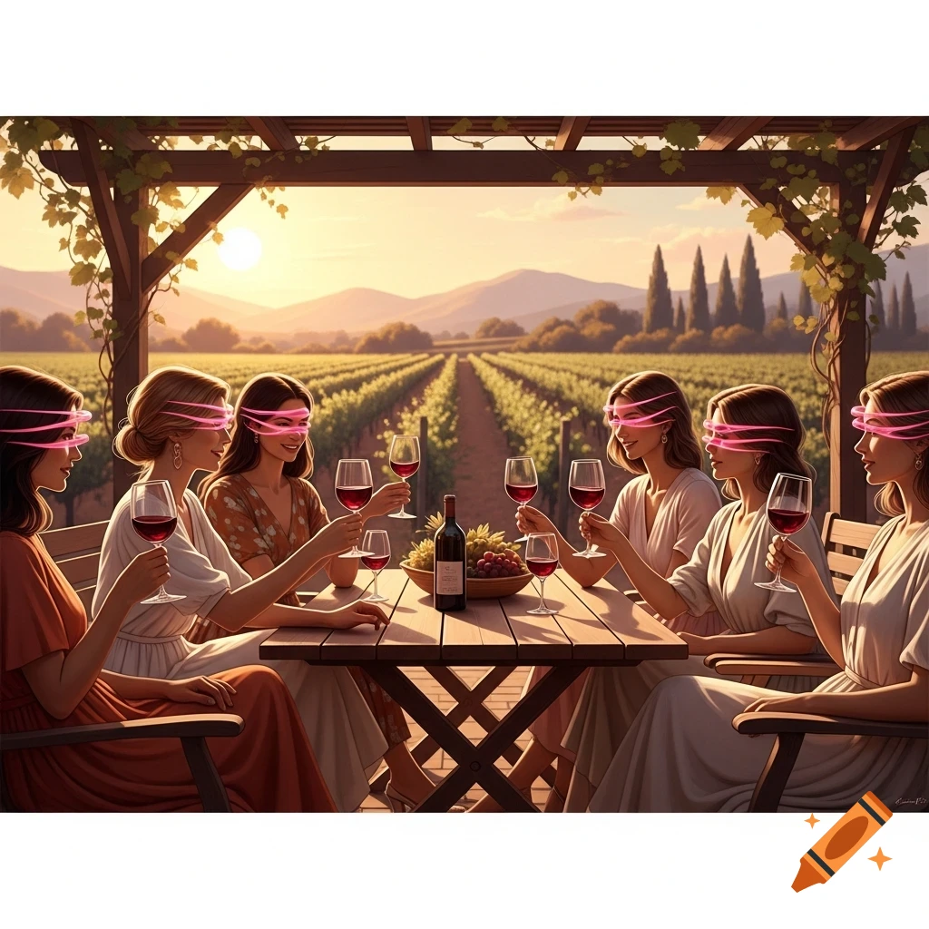 Six women with glowing pink lines across their eyes sit at a table under a pergola, toasting with glasses of red wine at sunset in a vineyard.