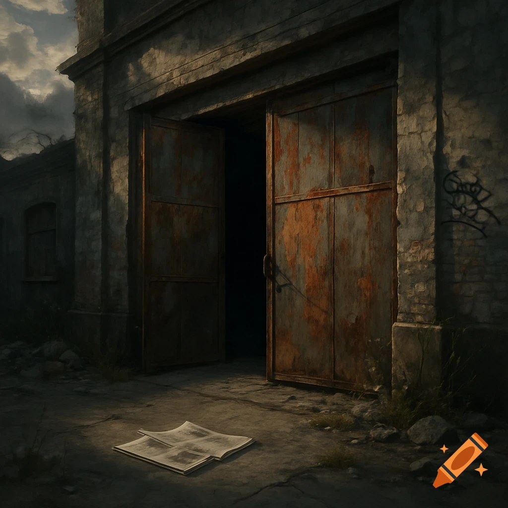 An old, rundown warehouse entrance with large rusty doors slightly ajar, casting deep shadows. An open newspaper lies on the concrete ground in the foreground. Photorealistic style.