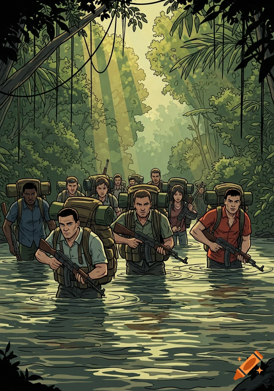 A diverse group of soldiers with rifles and backpacks wade through a jungle river, rendered in a graphic novel style.