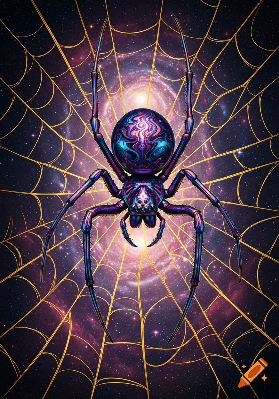 A vibrant, iridescent spider with swirling purple, blue, and pink patterns on a golden web against a galaxy background with a central nebula.