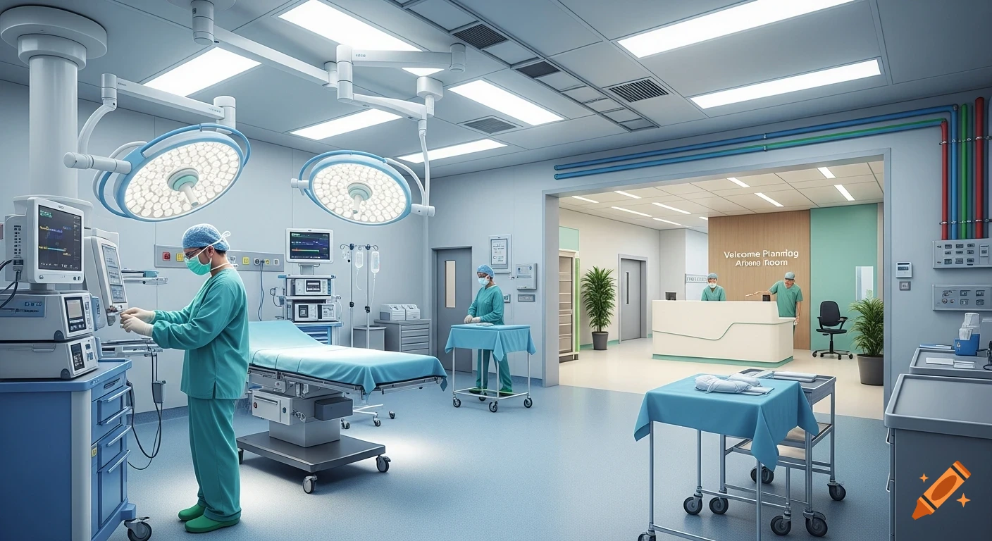 A modern hospital operating room with surgical lights and medical equipment, connected to a reception area with staff.