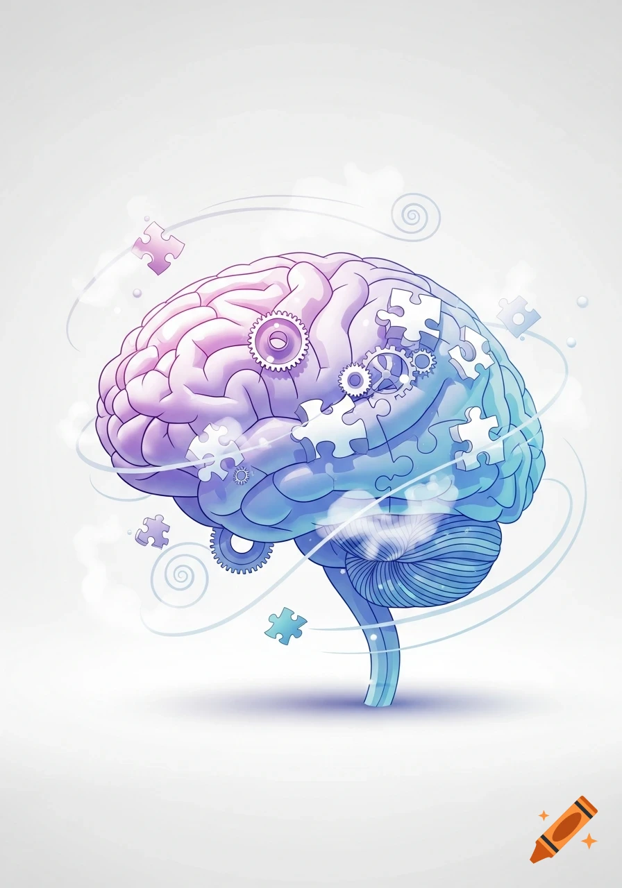 Stylized illustration of a brain, purple on one side and blue on the other, with gears and puzzle pieces.
