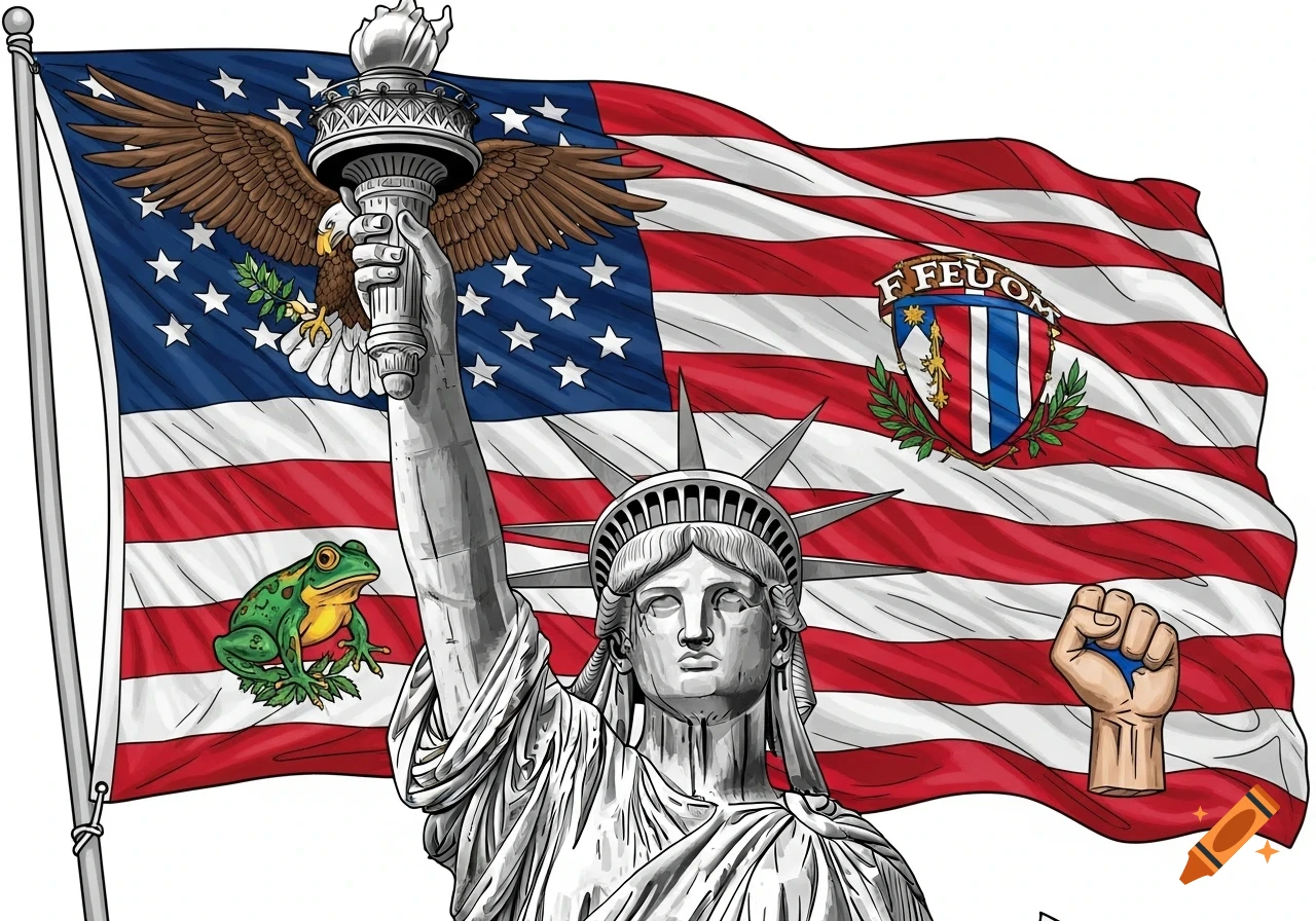 An illustration of the Statue of Liberty in grayscale, holding a torch, against a colorful American flag. The flag features an eagle, a green frog, a shield with illegible text, and a raised fist.