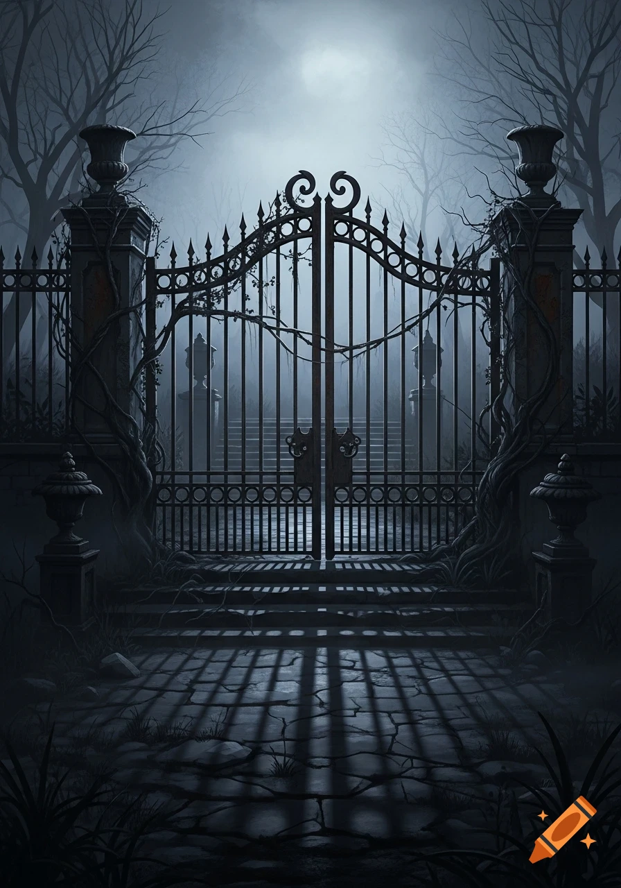 A dark and eerie gothic wrought-iron gate shrouded in mist, leading to a path with steps and bare trees under a gloomy sky.