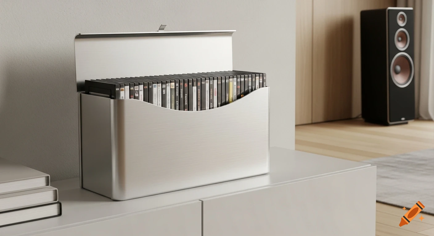 A sleek, brushed aluminum DVD storage box with an open lid, filled with DVDs in square plastic sleeves, sits on a modern white media console in a contemporary Scandinavian living room.