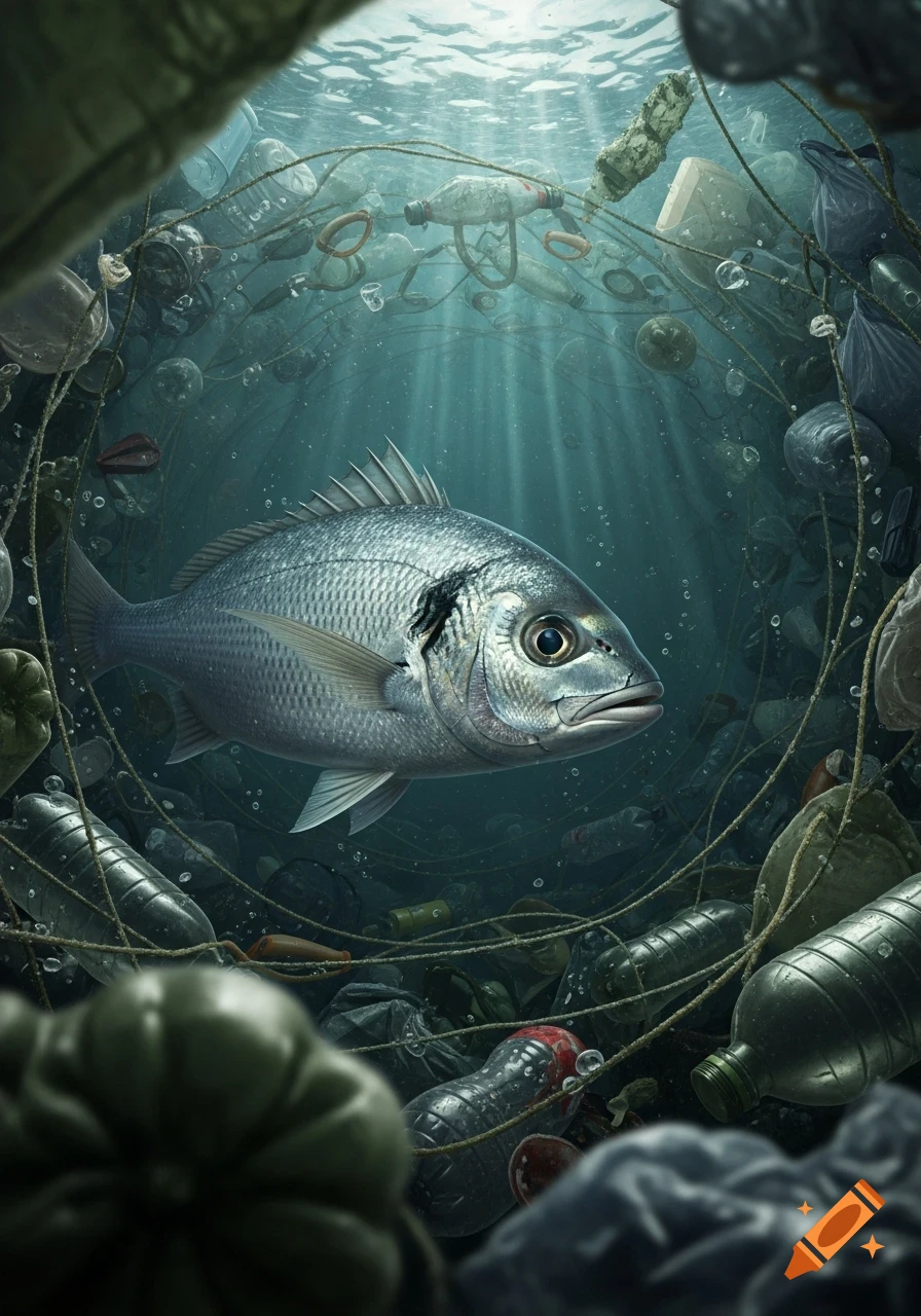 A detailed image of a fish swimming in a polluted ocean, surrounded by plastic bottles, bags, and debris, with sunlight filtering from above.