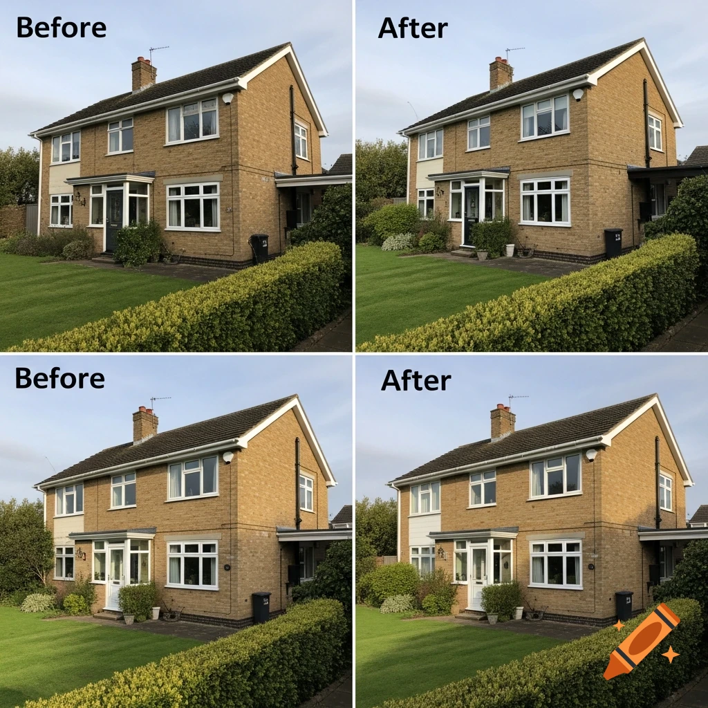A photorealistic, four-panel comparison of a brick house with a green lawn and hedge, showing before and after states.