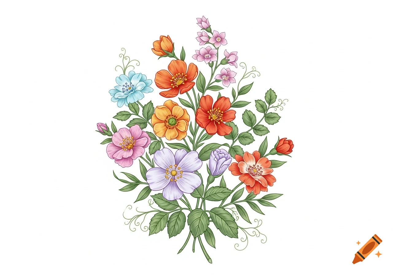A vibrant botanical illustration of a colorful flower bouquet on a white background, featuring various blossoms and green leaves.