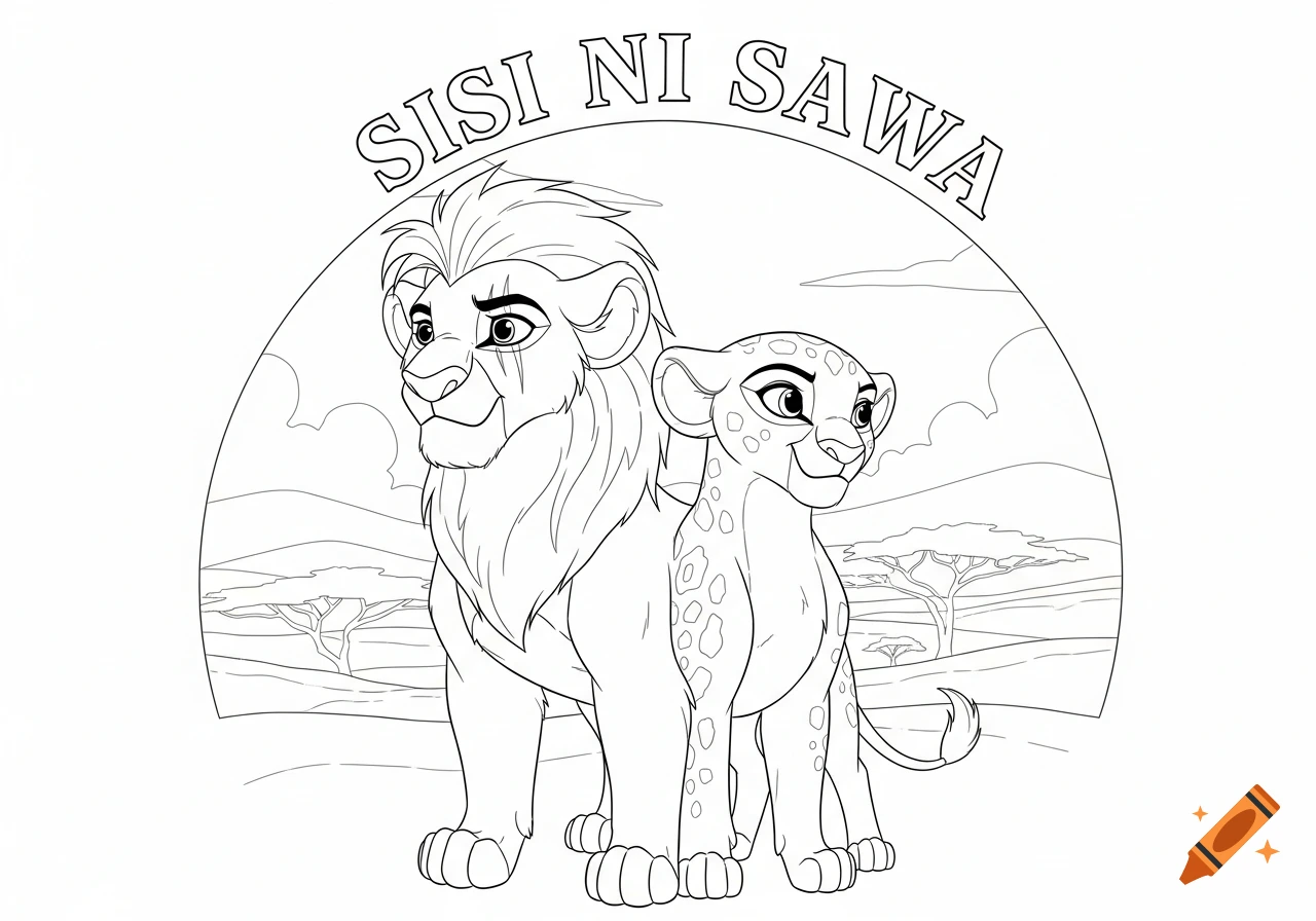 An outline drawing of two anthropomorphic lions, Kion and Jasiri, with text 'SISI NI SAWA' above them, in a coloring book style.