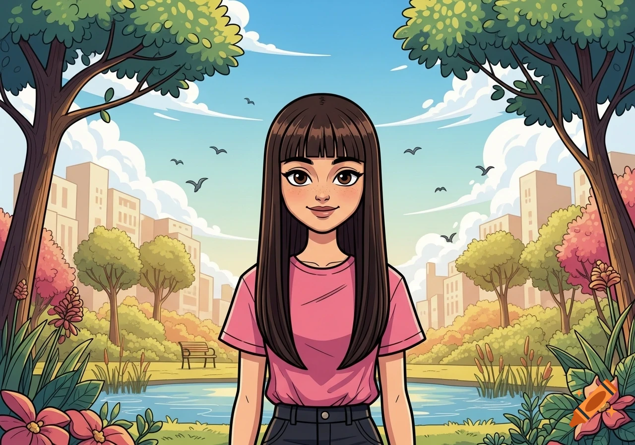 A cartoon girl with long brown hair and bangs, wearing a pink t-shirt and black pants, stands smiling in a park with trees, a pond, and city buildings in the background.
