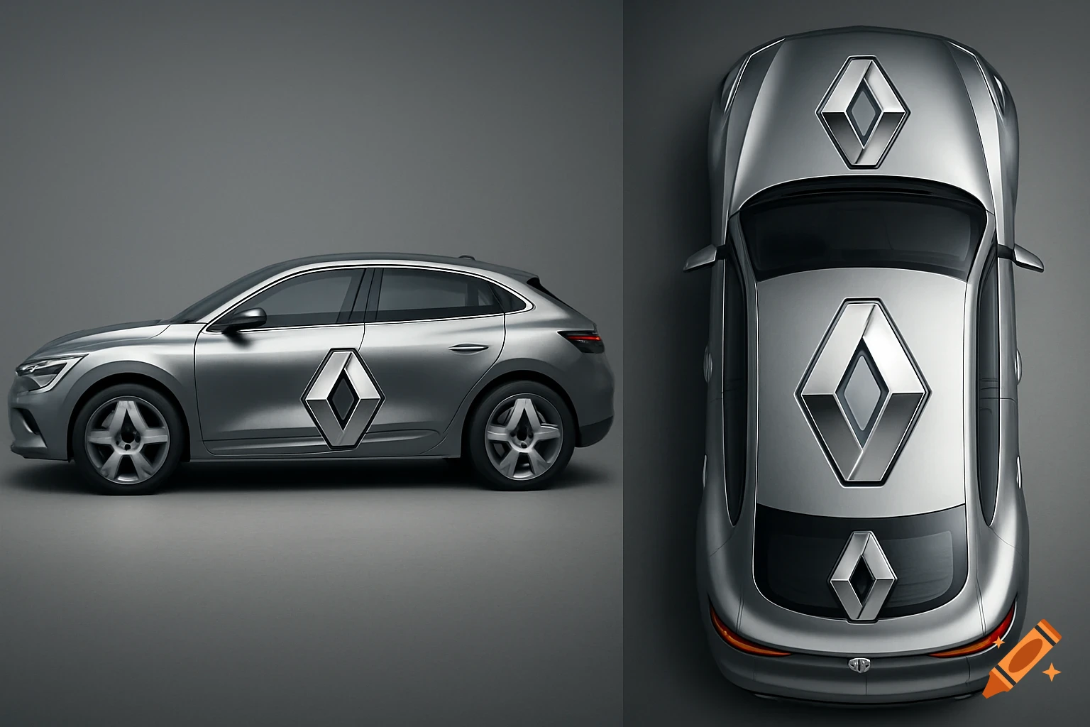 A silver Renault car with its diamond logo on the side and top, presented in a studio setting, with both side and top views.