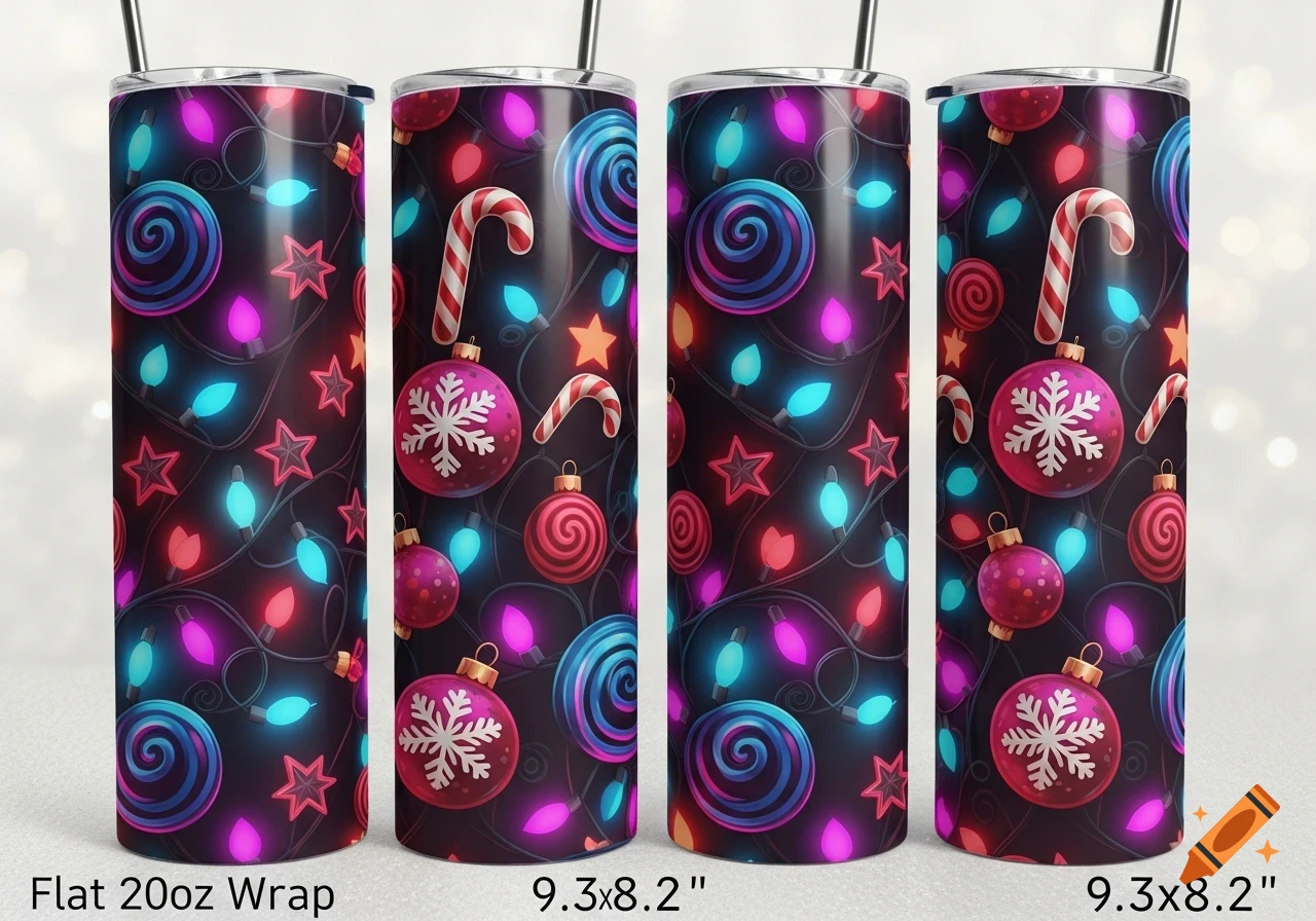 Four cylindrical tumblers with a dark, seamless Christmas pattern of glowing neon lights, candy canes, swirl ornaments, and snowflake ornaments.
