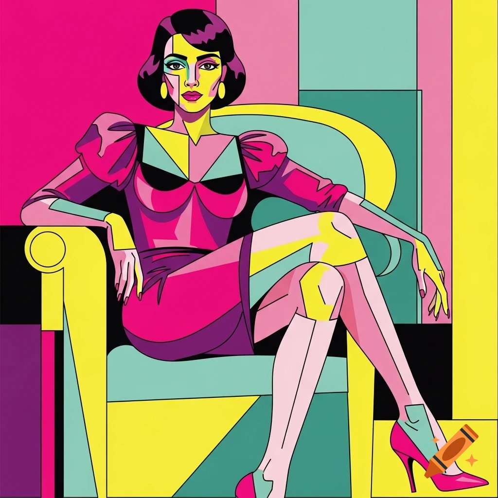 Cubist vector art of a woman in a pink dress, seated with outstretched feet, against a vibrant geometric background.