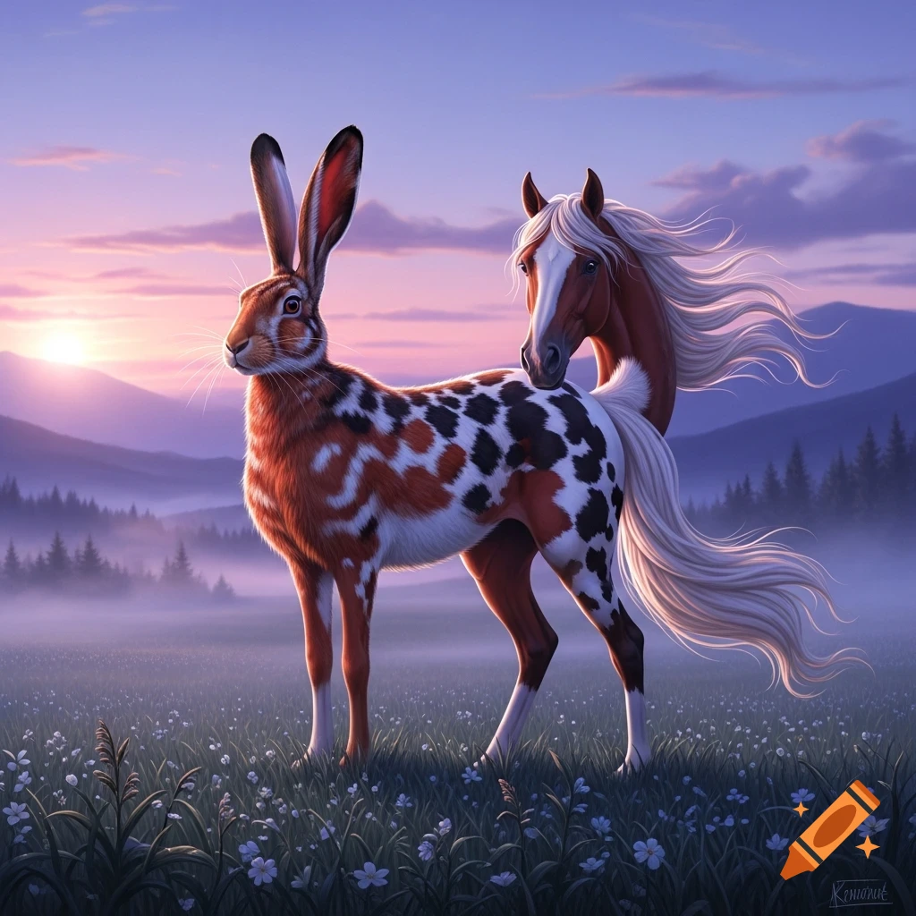 A majestic fantasy creature, a hare-horse hybrid with a spotted coat, stands in a misty field at sunrise. A second horse head emerges from its back.