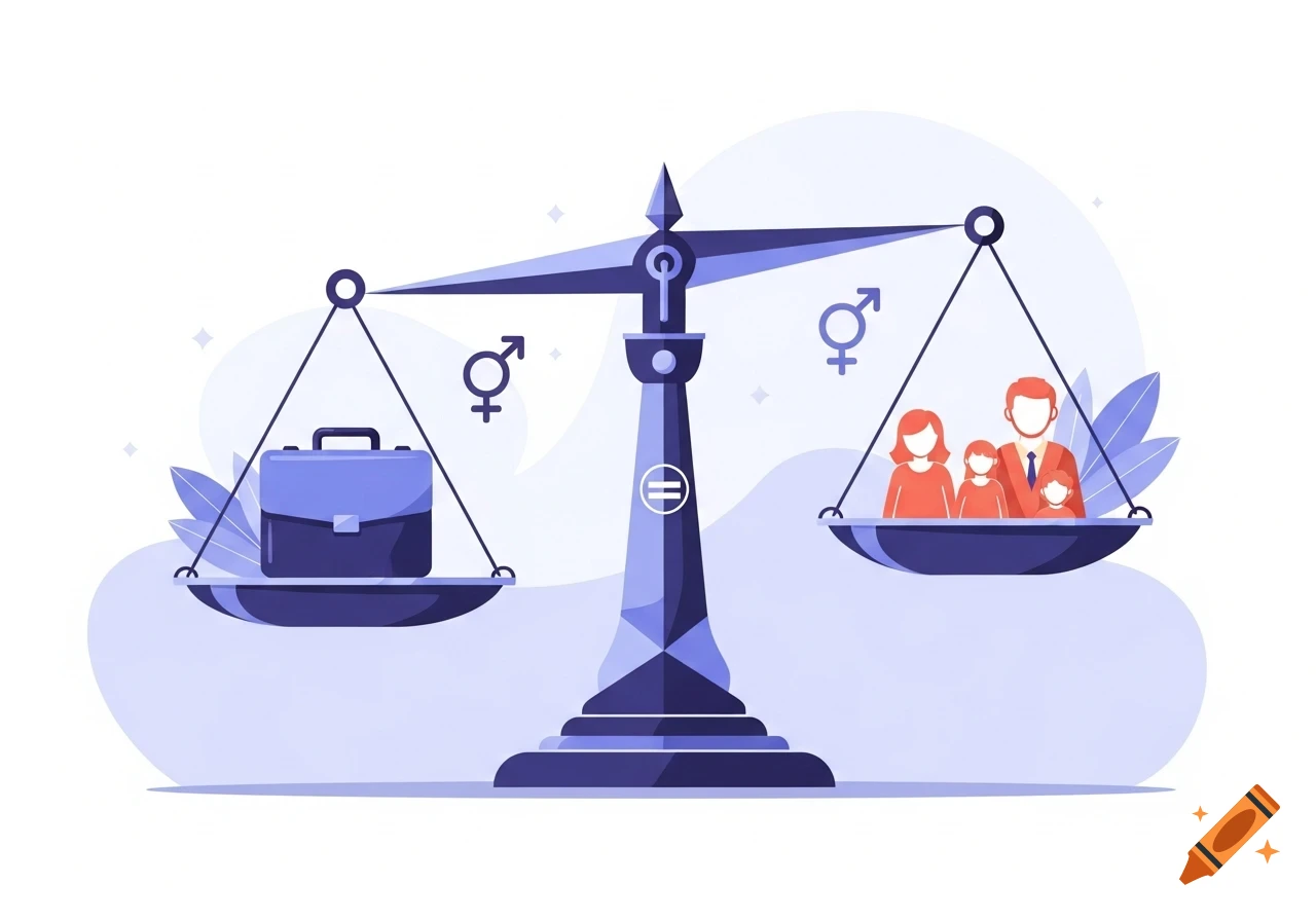 An abstract illustration of a balanced scale with a briefcase and female gender symbol on one side, and a family and female gender symbol on the other, representing work-life balance and gender equality.