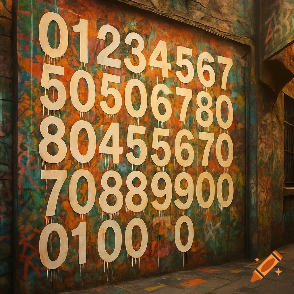 White numbers from 0 to 9 are graffitied on a vibrant, colorful, paint-splattered wall, with paint dripping below them, in an urban setting.