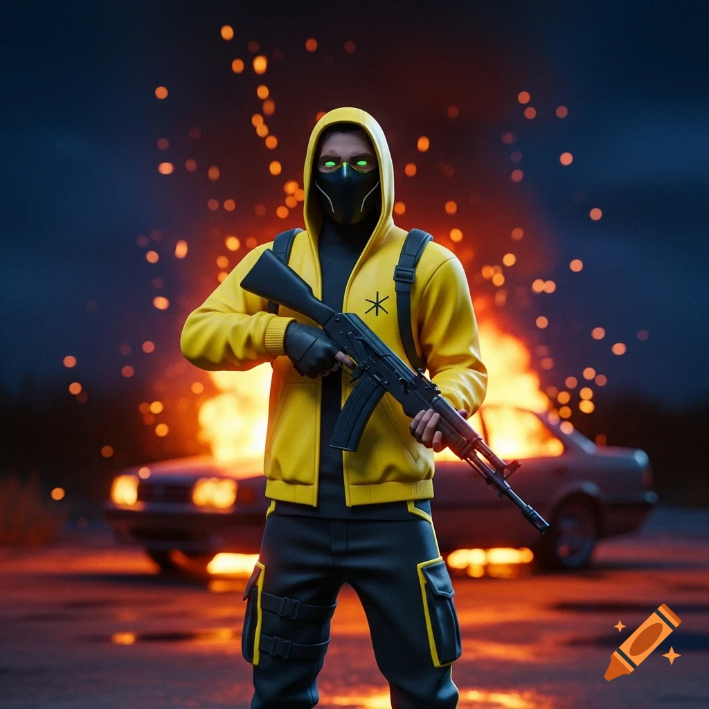 A masked 3D character in a yellow jacket and black clothing holds an AK-style rifle in front of a burning car at night.