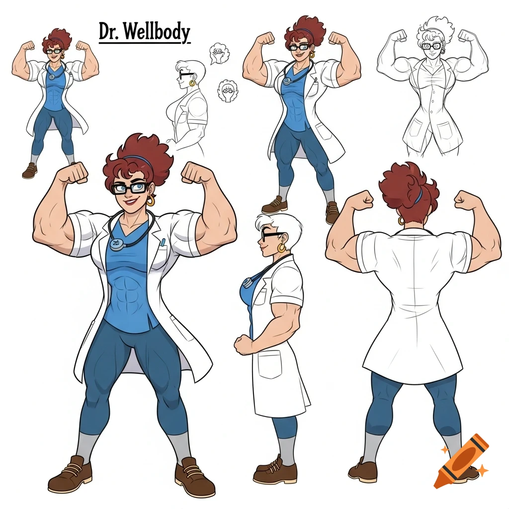 Cartoon model sheet of Dr. Wellbody, a muscular female doctor, flexing in various poses.