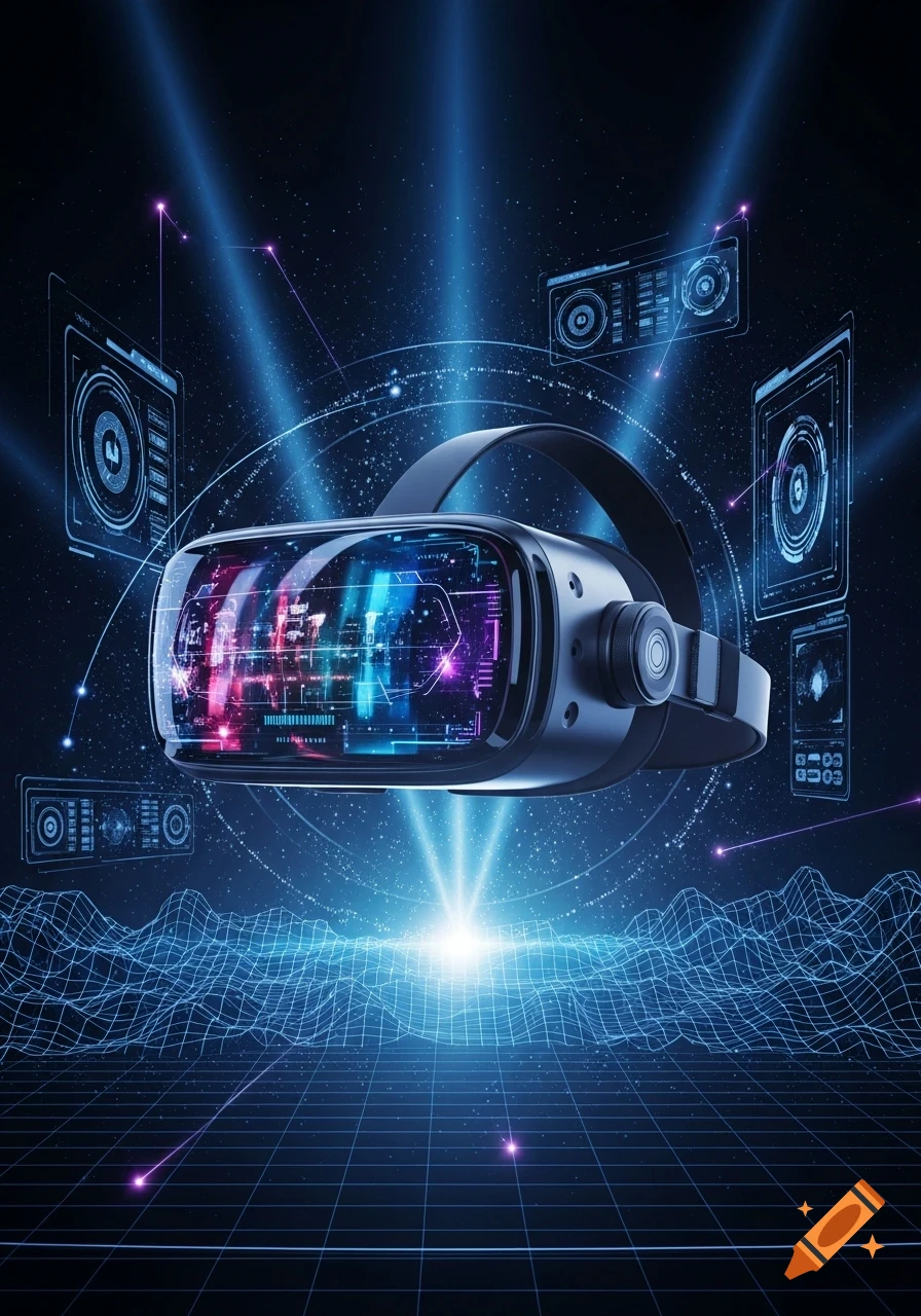 A virtual reality headset floats above a digital grid landscape with holographic interfaces and blue light beams.