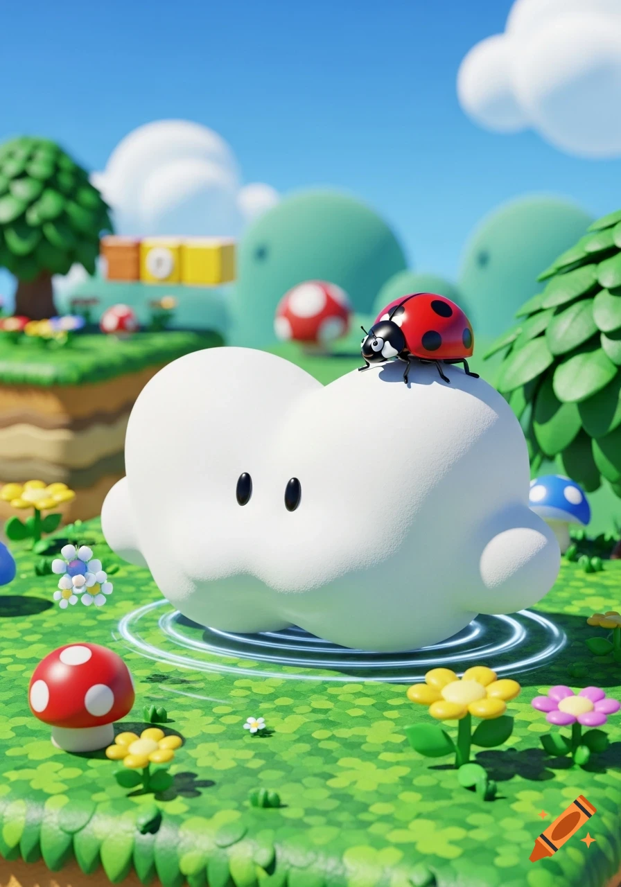 A stylized 3D render of a ladybug on a white cloud with eyes, in a vibrant green landscape with Mario-style mushrooms and blocks under a blue sky.