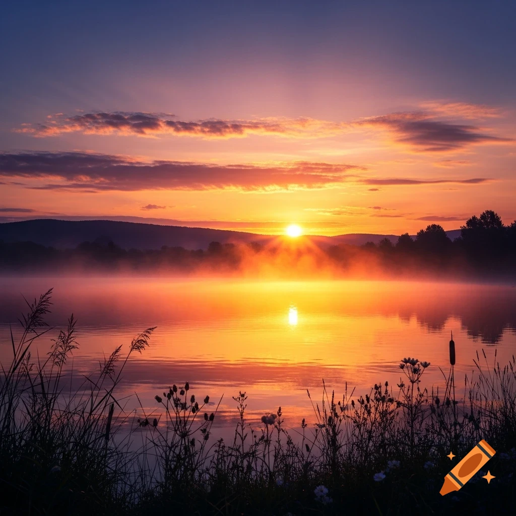 A vibrant sunrise casts golden light over a misty lake, with silhouetted hills and foreground reeds.