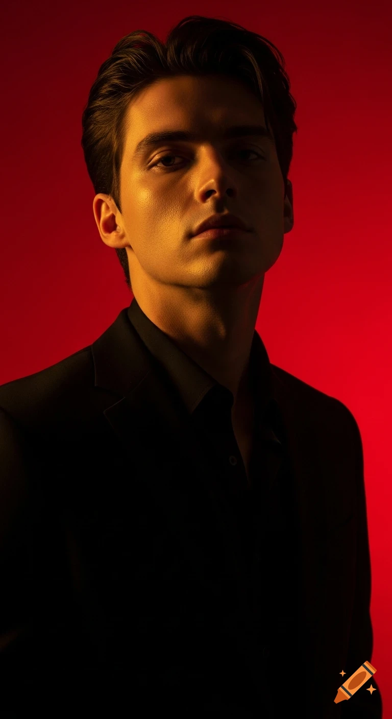 A man in a black suit under dramatic cinematic lighting, with warm golden light on one side of his face against a deep red background.