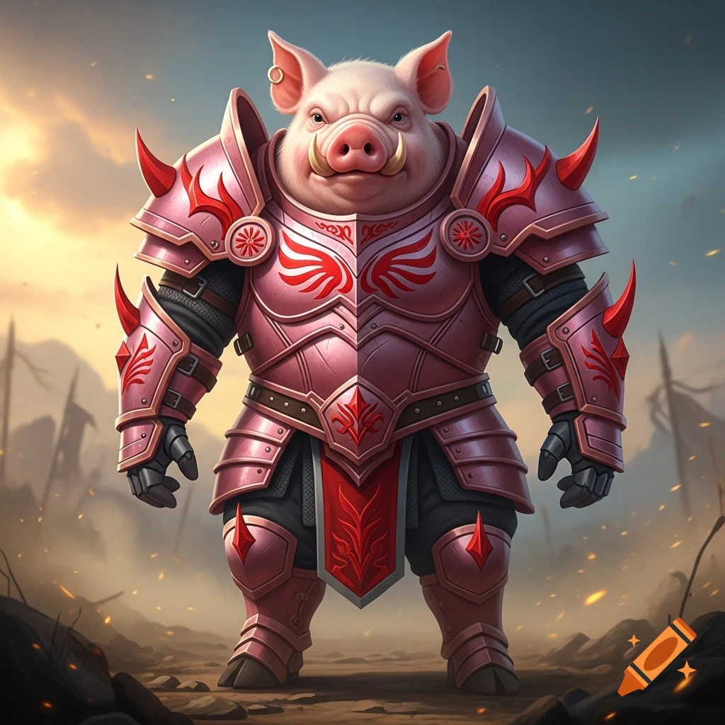 A full-body digital art image of a pig in pink and red battle armor, standing on a gritty battleground under cinematic lighting.