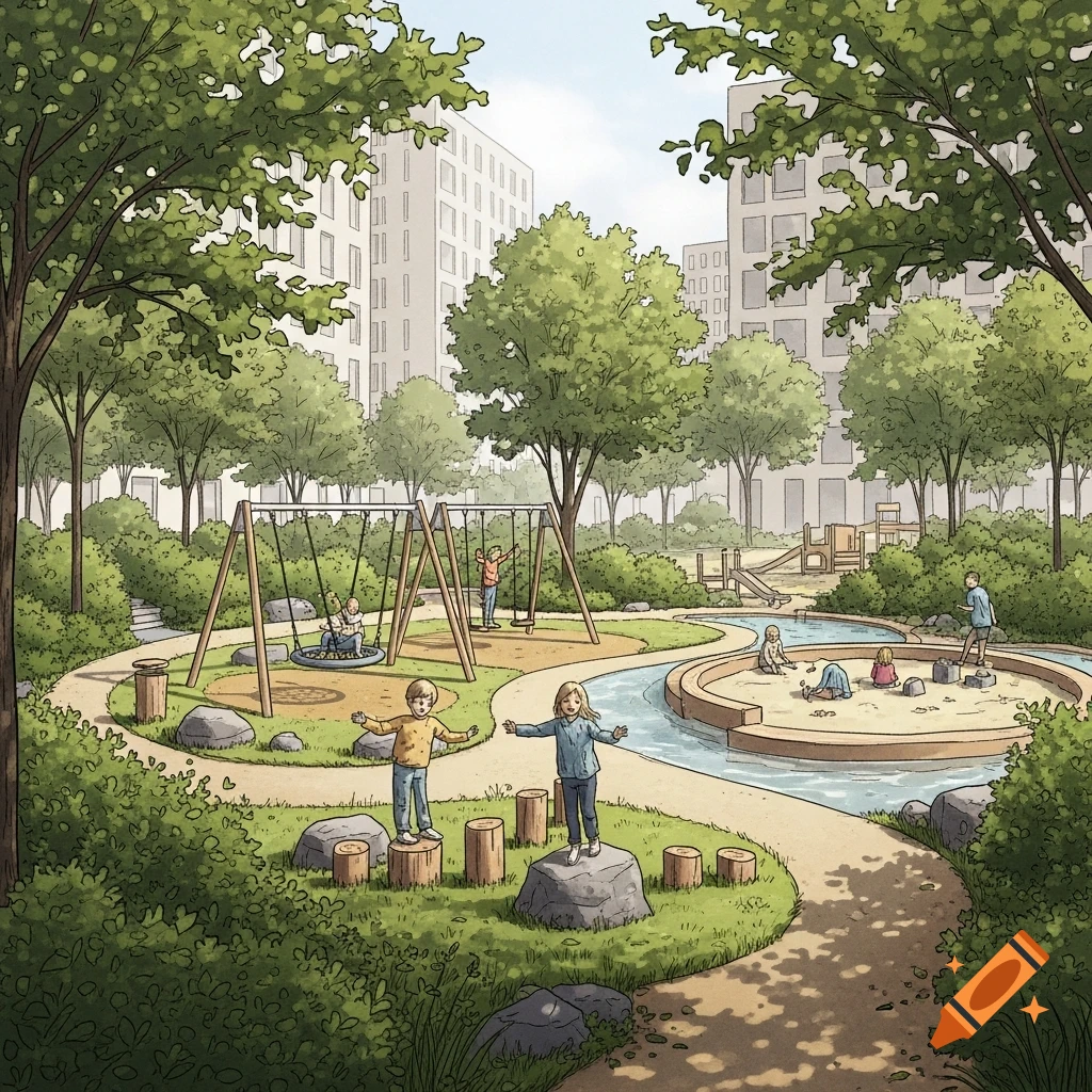 Illustration of children playing in a modern urban park with swings, a sand and water play area, and tall buildings in the background.