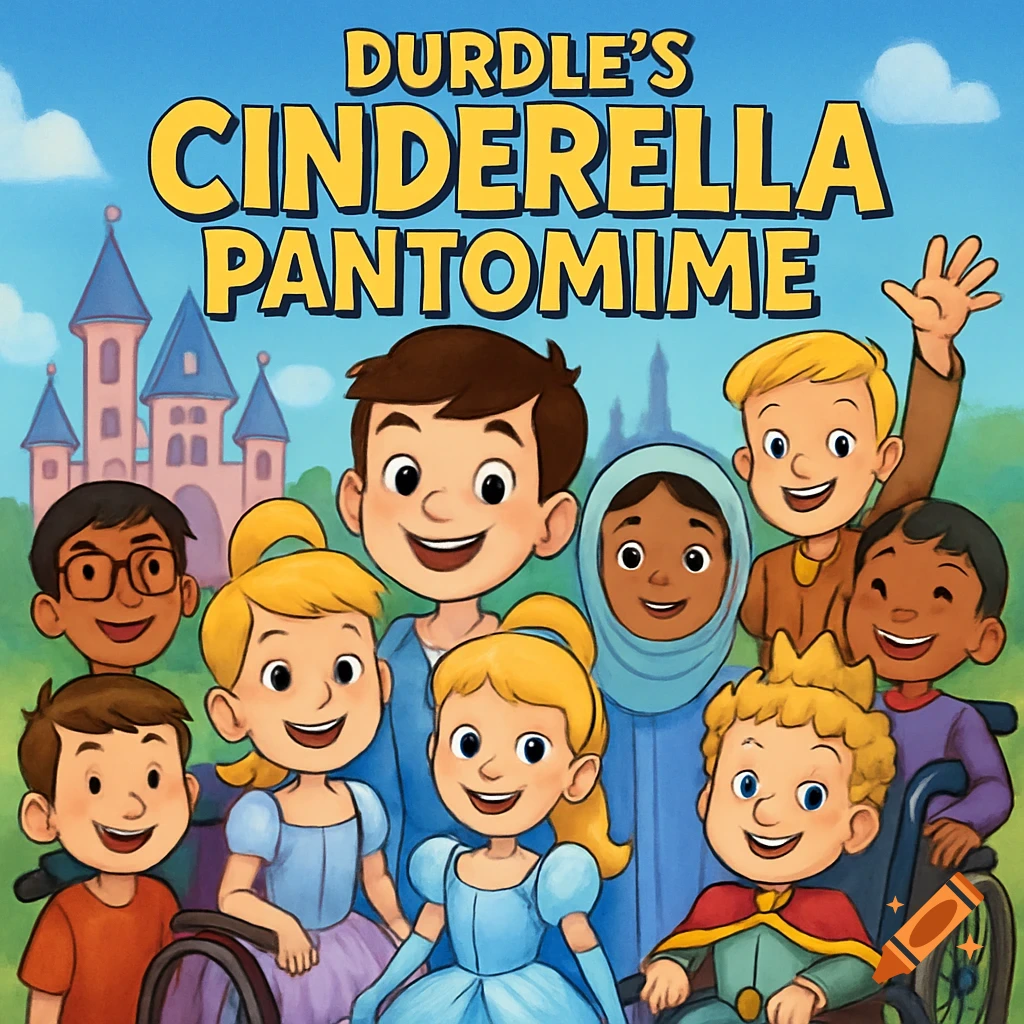Cartoon of nine diverse children, some in Cinderella costumes, with a castle backdrop for 'Durdle's Cinderella Pantomime'.