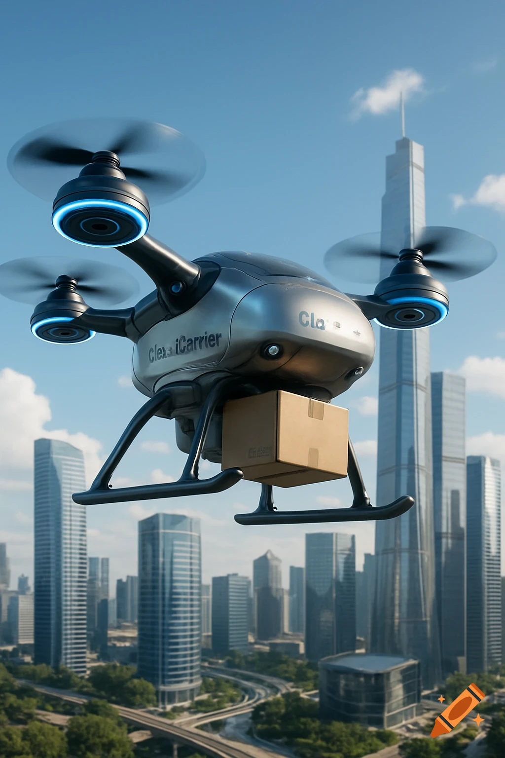 A futuristic delivery drone carrying a package flies over a modern cityscape under a blue sky.