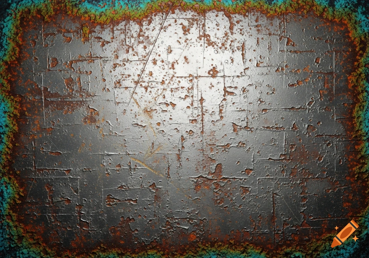 A distressed metal texture with rust and bright teal-green edges, resembling an old, weathered surface.