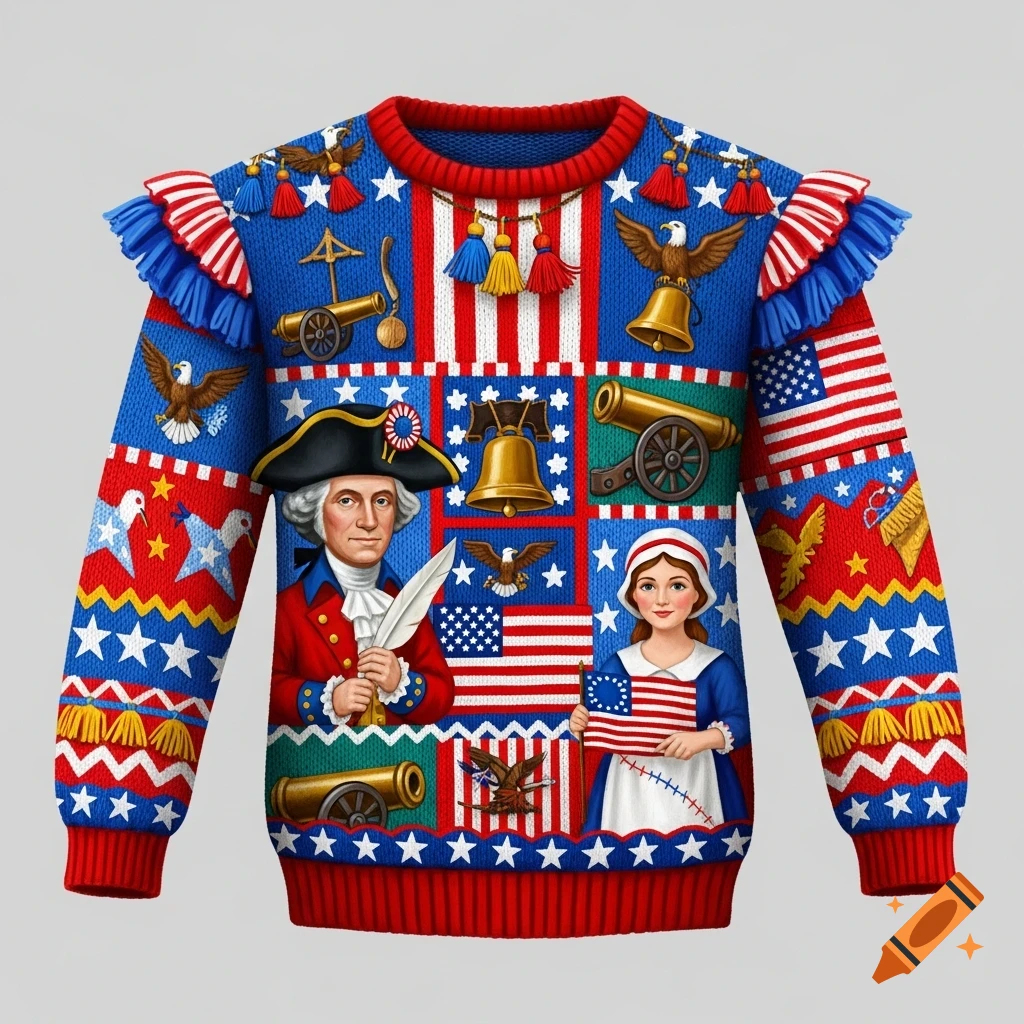 An ugly patriotic sweater adorned with images of George Washington, a colonial girl, cannons, Liberty Bells, American flags, and eagles.