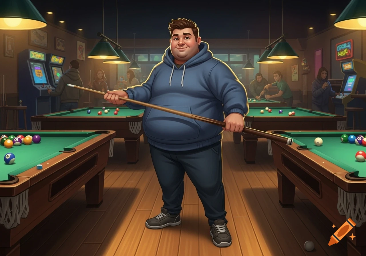 A cartoonish chubby man in a blue hoodie holds a pool cue in a vibrant pool hall with arcade games and other patrons.