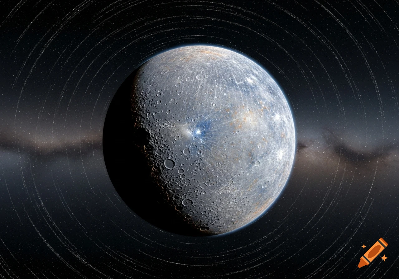 A detailed view of a cratered planet, possibly Mercury, in space surrounded by faint star trails and a nebulous background.