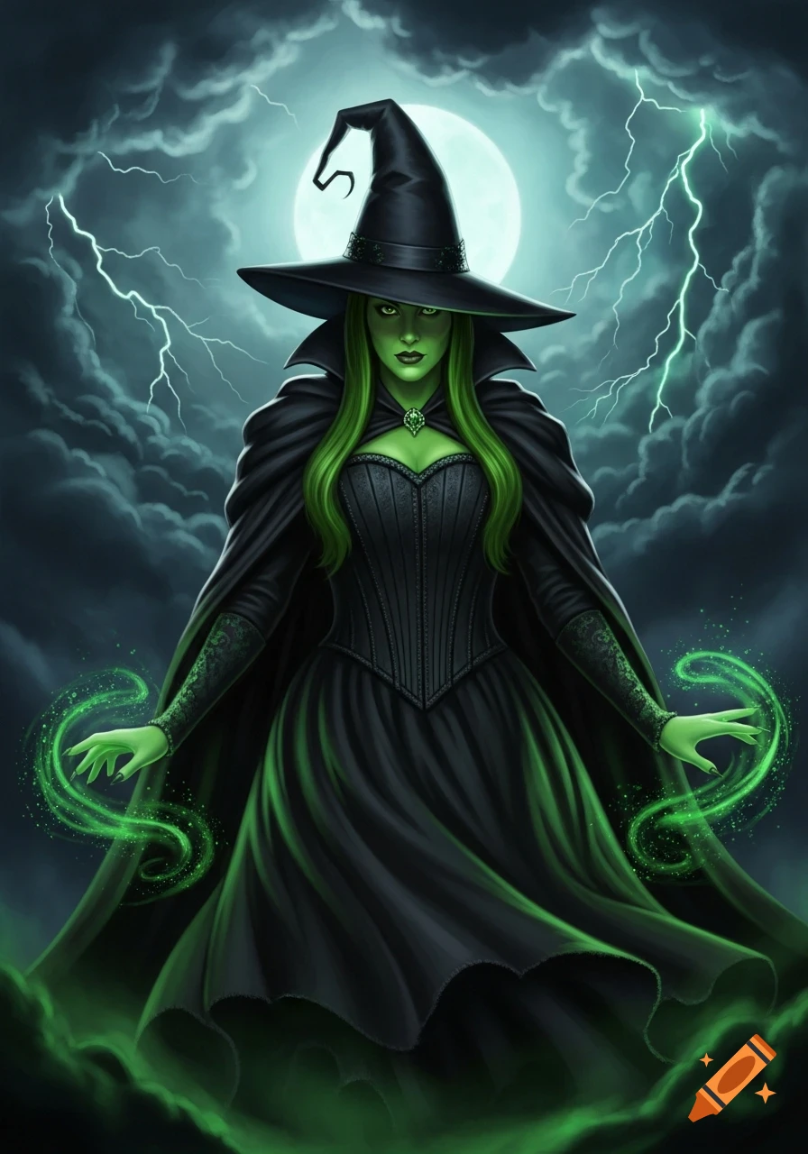 Green-skinned witch with bright green hair and a black hat, stands under a full moon with lightning, conjuring green magic. Fantasy art.