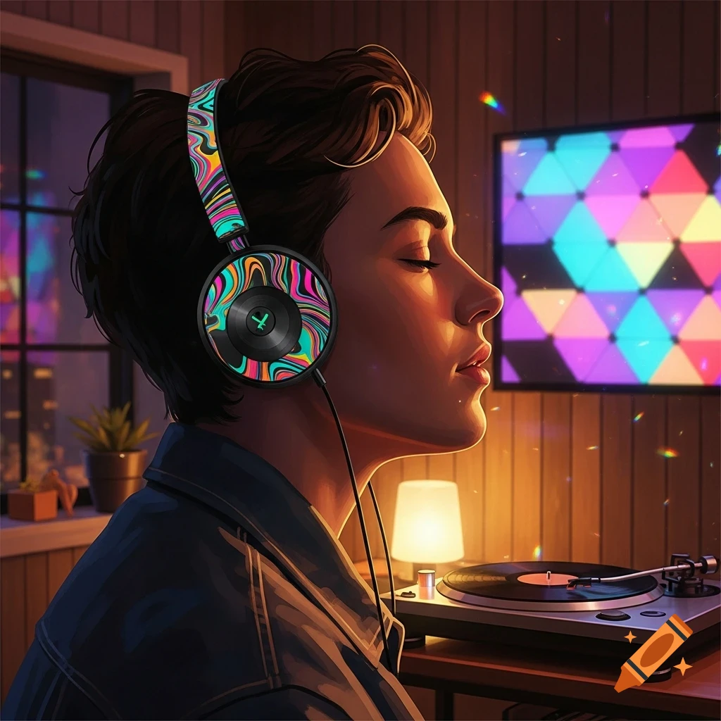 A person with eyes closed, wearing colorful headphones, listens to music from a turntable in a warmly lit room with a geometric LED panel.