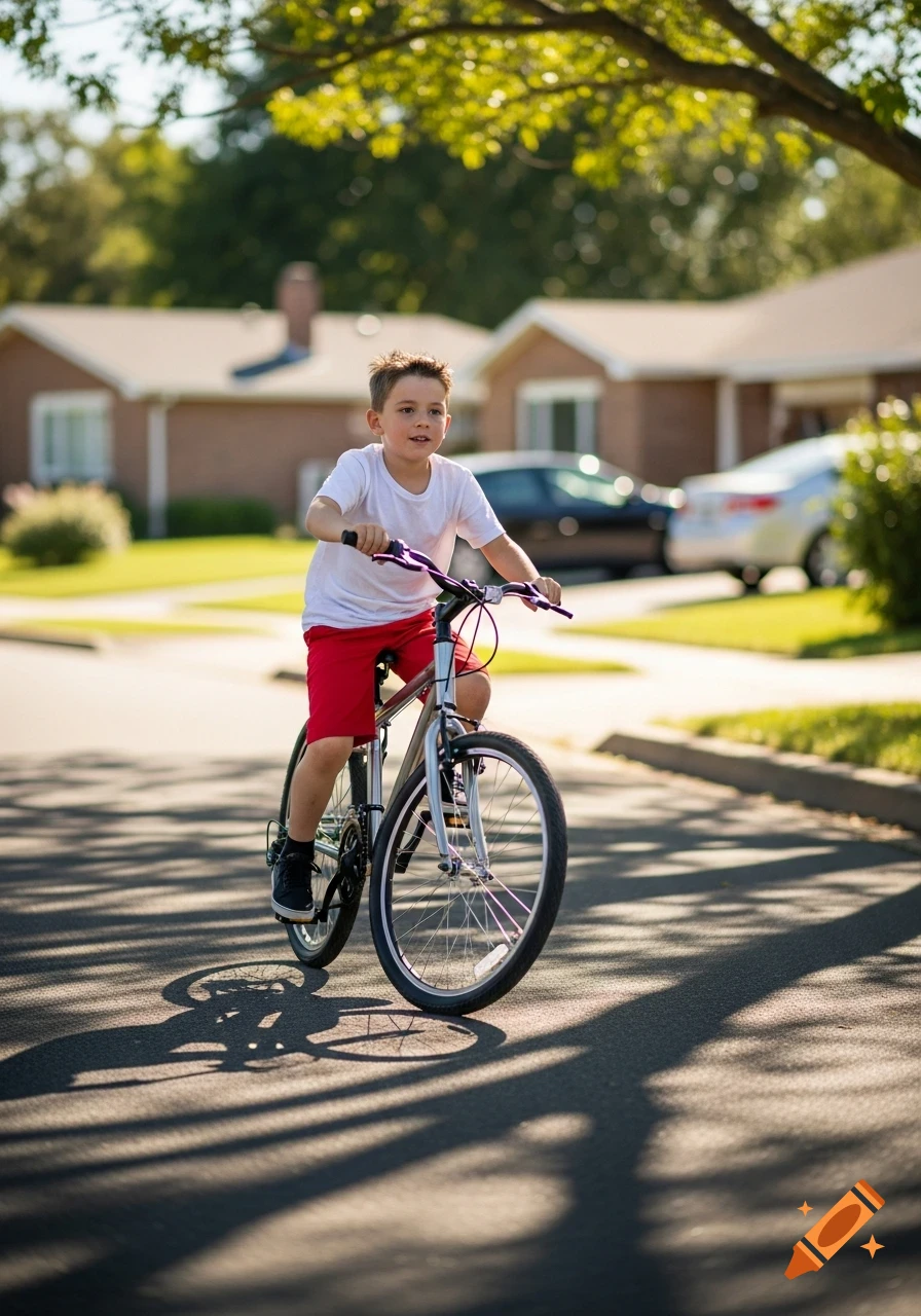 A young boy in a white t-shirt and red shorts rides a bicycle on a sunny residential street, photorealistic.