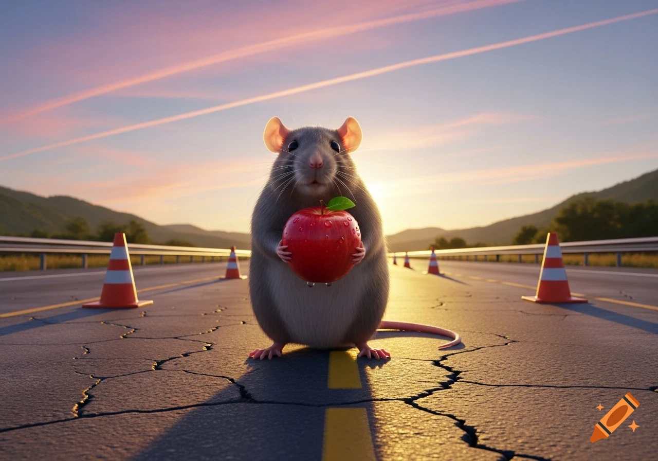 A photorealistic rat stands on a cracked road, holding a red apple ...