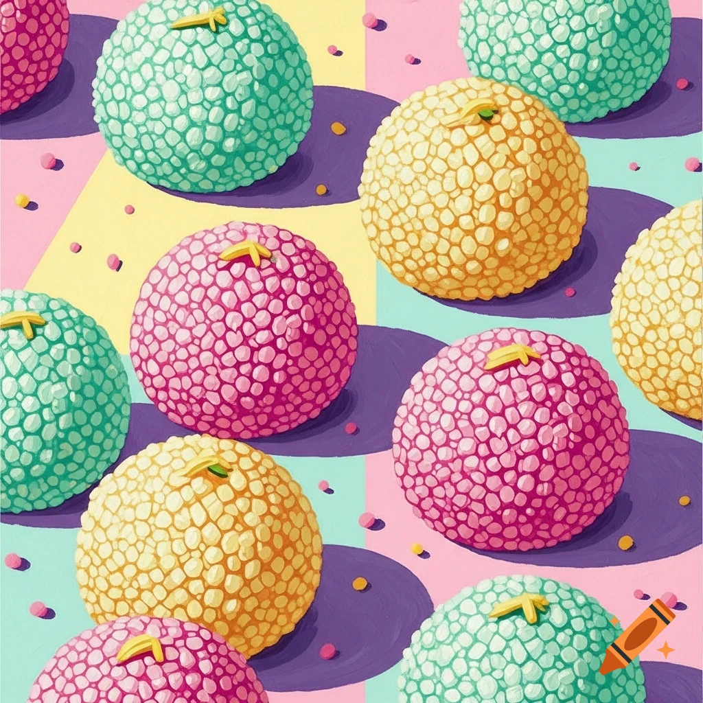 Pop art painting of textured, pastel pink, yellow, and teal rasgulay with purple shadows on a geometric background.