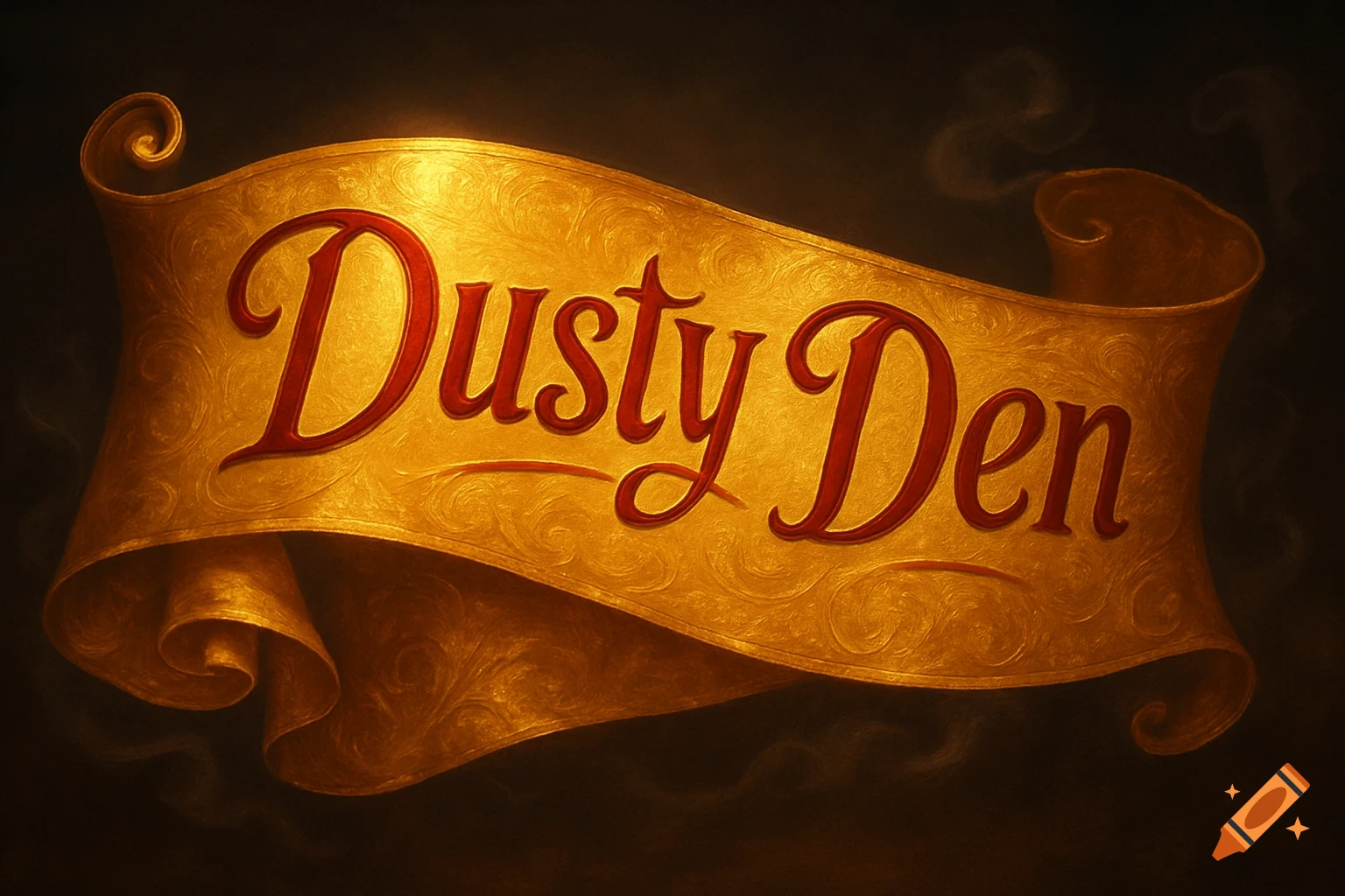 An ornate golden banner with the words "Dusty Den" in red script lettering, set against a dark background.
