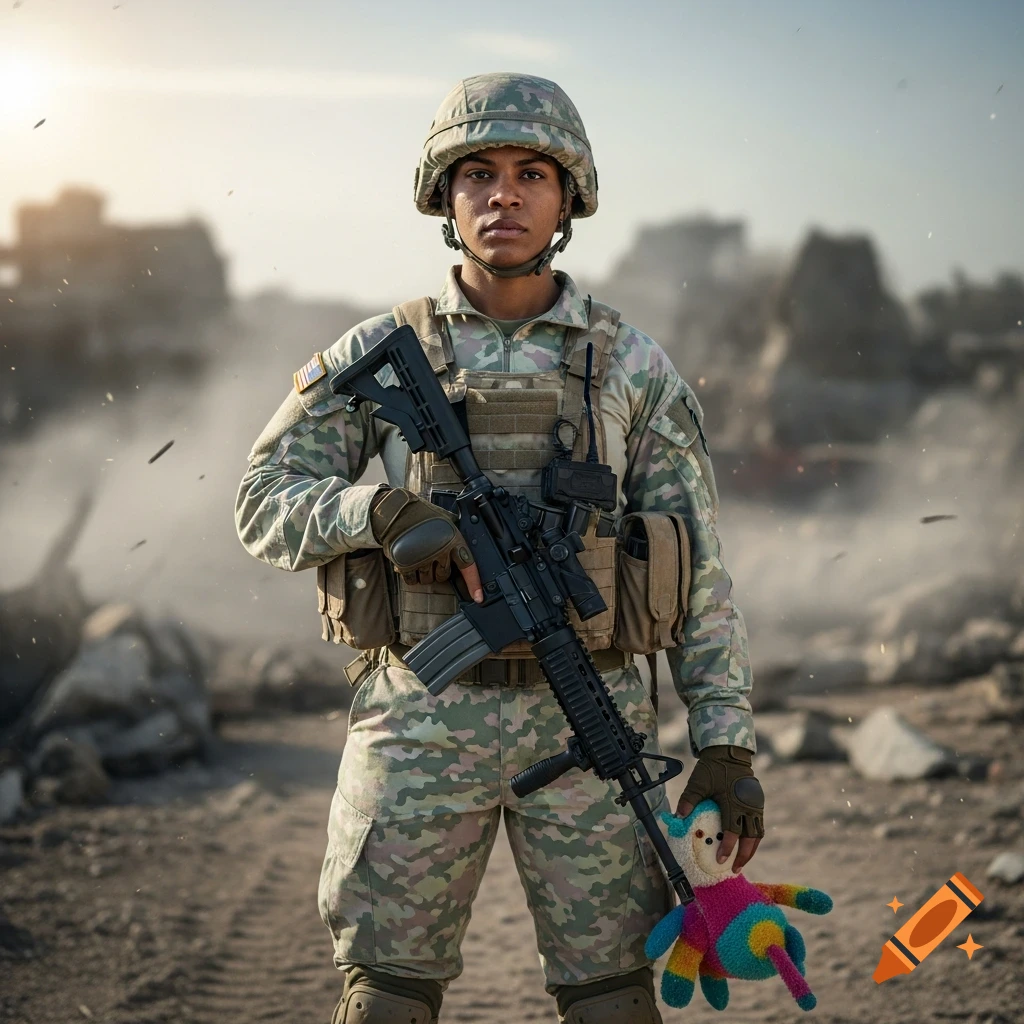 A photorealistic image of a soldier in camouflage uniform holding a rifle and a colorful stuffed animal in a war-torn landscape.