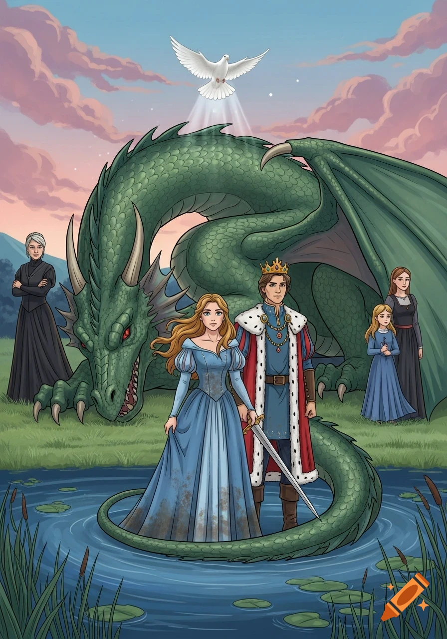 A princess and prince with a sword stand by a lake, a large green dragon behind them, a white dove above, and two women to the sides under a sunset sky.