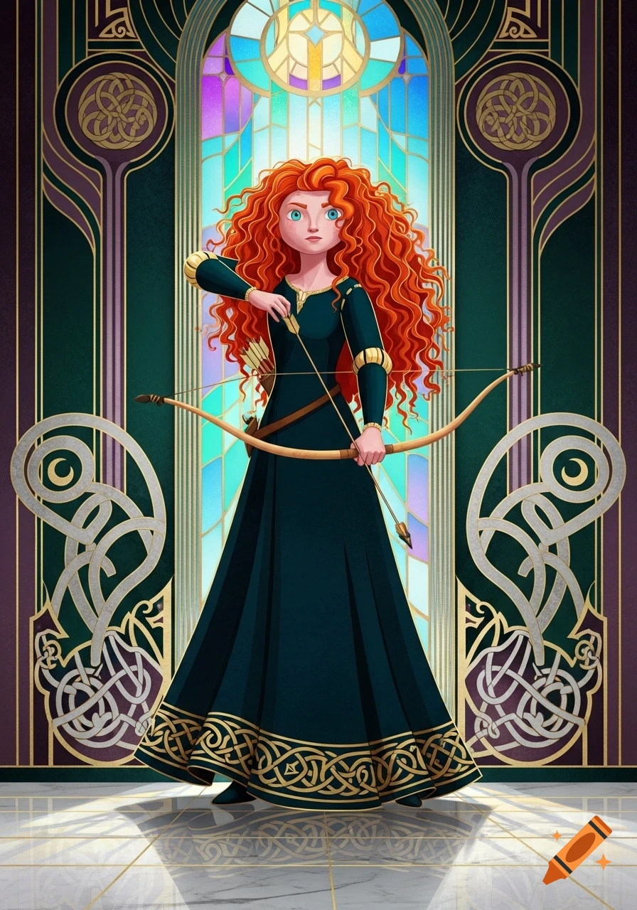 Merida from Pixar's Brave, with fiery red curly hair, holding a bow and arrow, in a vibrant Art Deco stained-glass setting.
