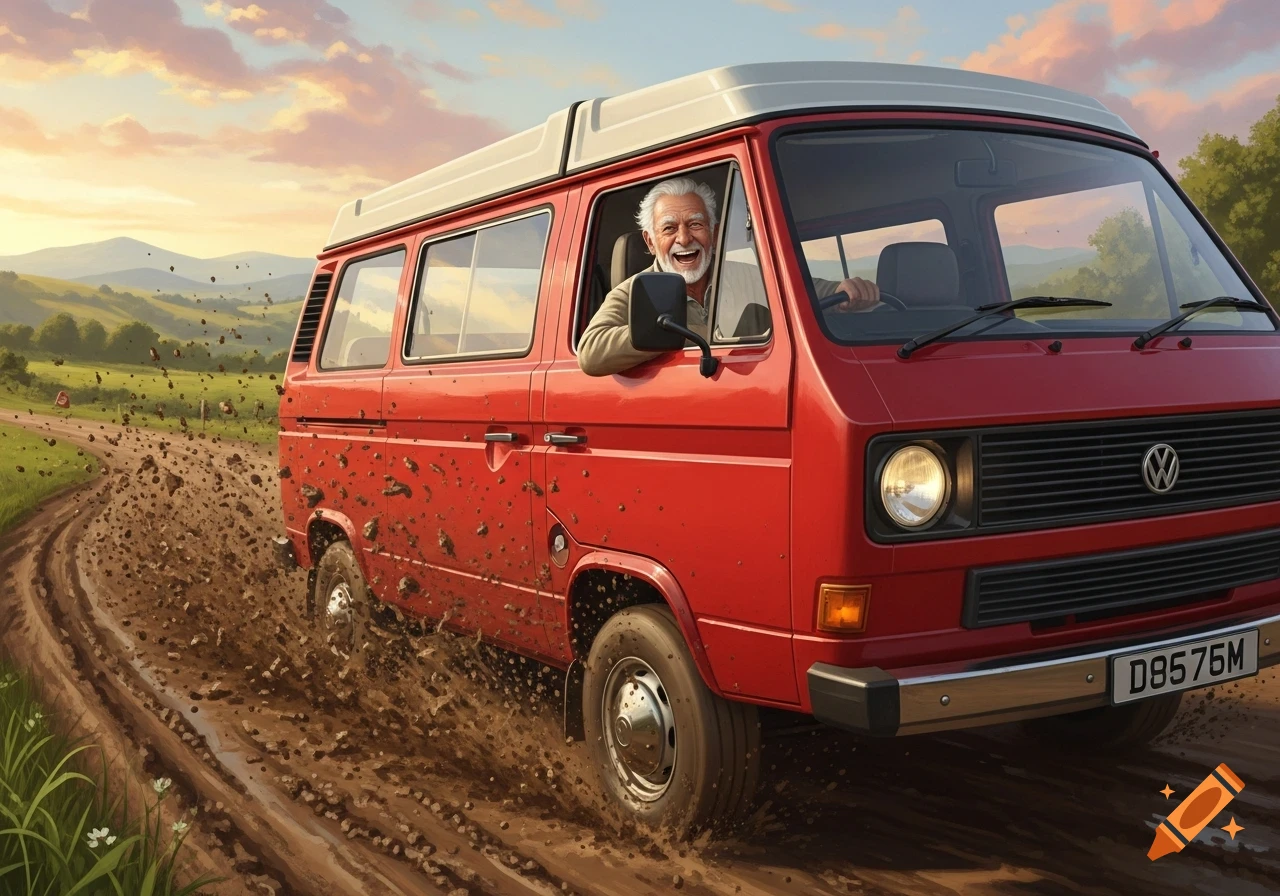 Cheerful elderly man drives a red VW camper van through a muddy road, splashing mud, under a colorful sky, photorealistic.
