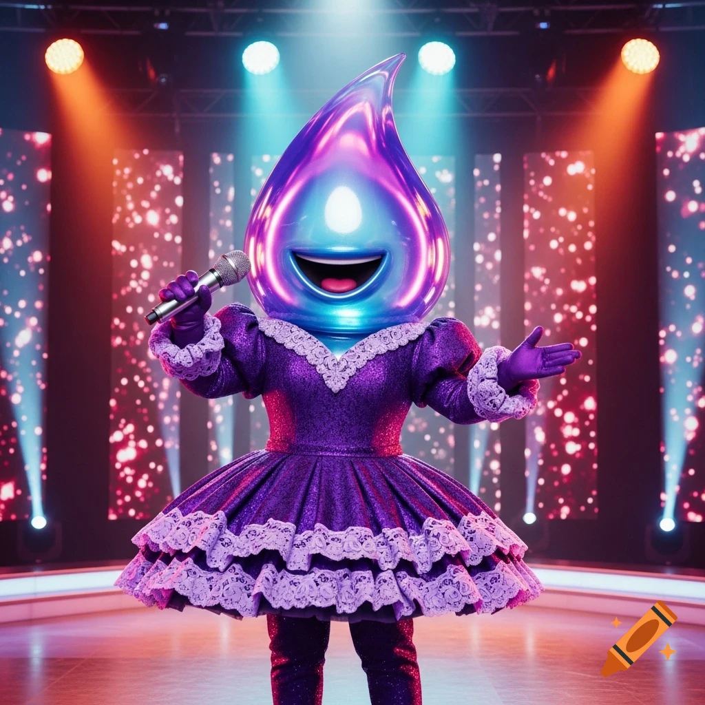 A joyful character resembling a glowing purple and blue water drop, wearing a glittery purple dress with lace, holds a microphone and sings on a brightly lit stage.