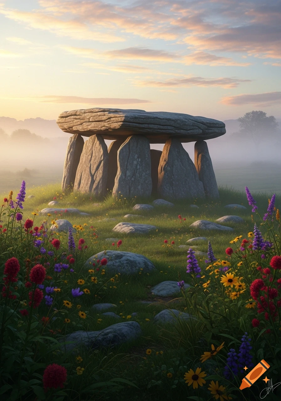 A stone dolmen stands majestically in a misty, grassy field adorned with vibrant wildflowers under a soft sunrise sky.
